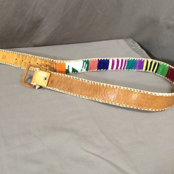 Vintage Belt Woven Fabric and Leather Made in Guatemala 33” - Picture 3 of 7